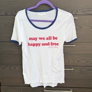 White Ringer Tee with Navy Trim and Slogan - Women's Short Sleeve